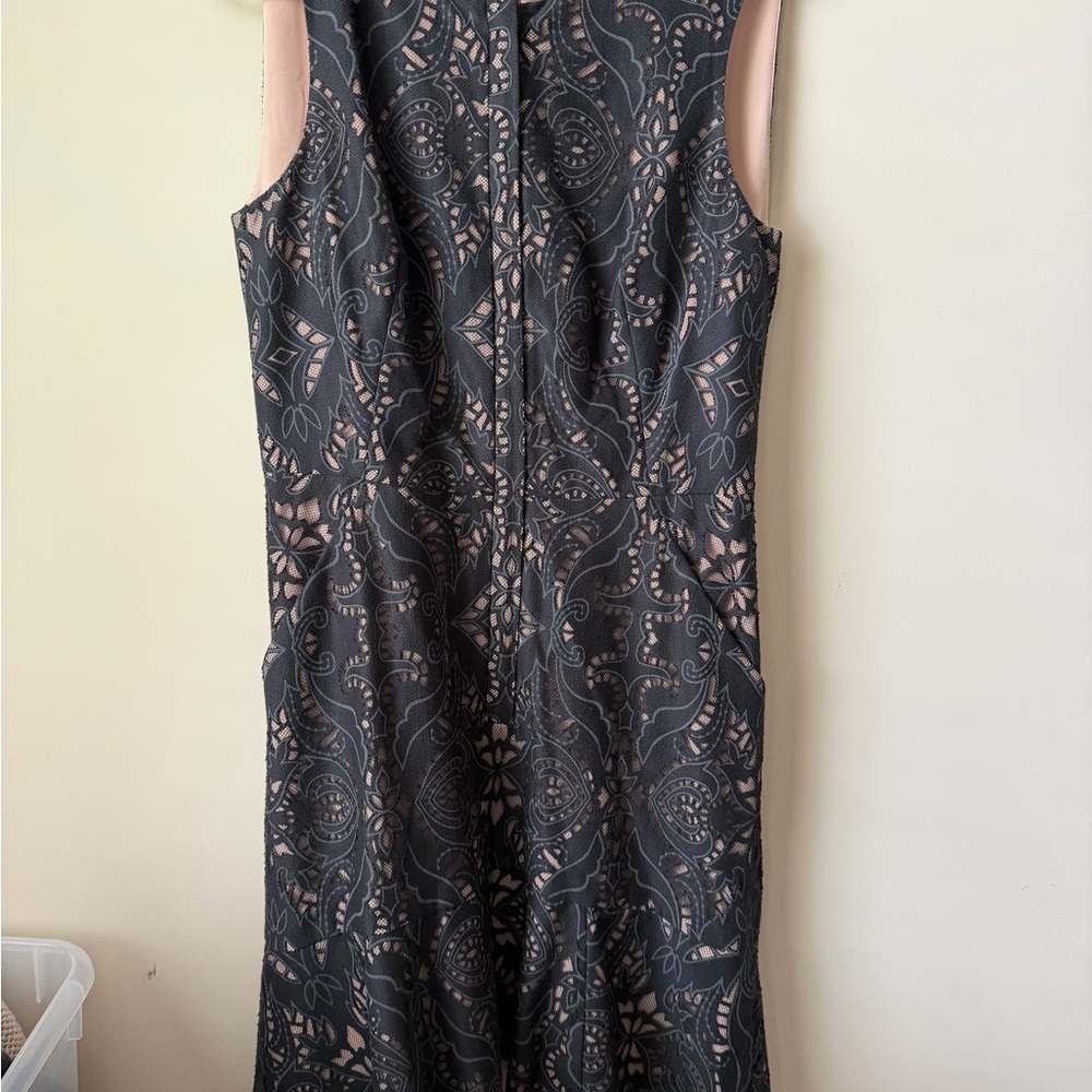 BCBGMaxAzria Black and Blush Lace-Overlay Sheath Dress with Paisley Motif